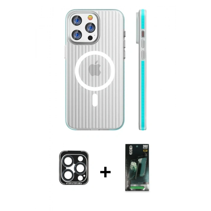 MARSİLYAN™- iPhone 15 Pro Max Kılıf Pusula Minimal Koleksiyonu - Şeffaf 360 Full Body Arka Koruyucu + PVD Metal Kamera Lens - LT