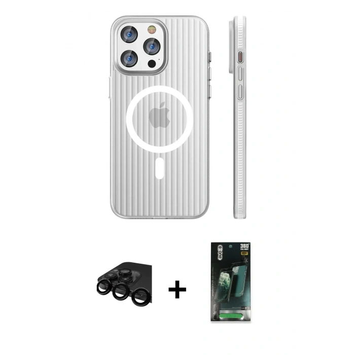 MARSİLYAN™- iPhone 15 Pro Max Kılıf Pusula Minimal Koleksiyonu - Şeffaf 360 Full Body Arka Koruyucu + Raze Metal Kamera Lens - SH