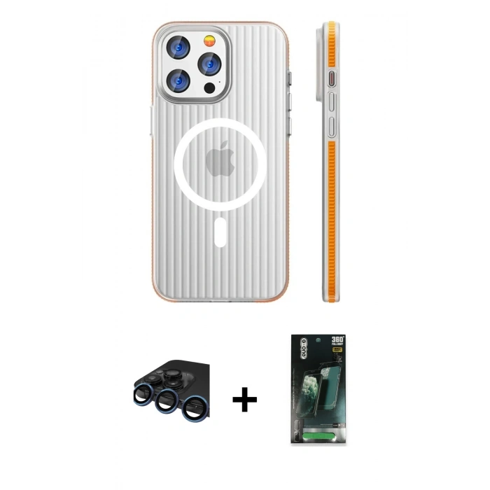 MARSİLYAN™- iPhone 15 Pro Max Kılıf Pusula Minimal Koleksiyonu - Şeffaf 360 Full Body Arka Koruyucu + Raze Metal Kamera Lens - LT