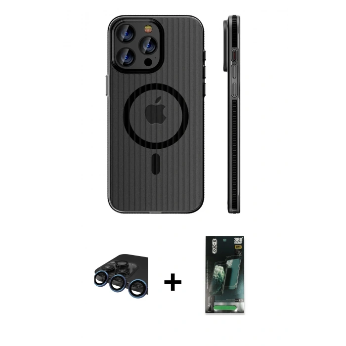 MARSİLYAN™- iPhone 15 Pro Max Kılıf Pusula Minimal Koleksiyonu - Şeffaf 360 Full Body Arka Koruyucu + Raze Metal Kamera Lens - LT