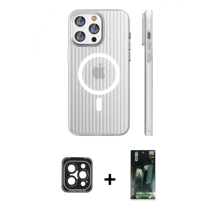 MARSİLYAN™- iPhone 15 Pro Max Kılıf Pusula Minimal Koleksiyonu - Şeffaf 360 Full Body Arka Koruyucu + PVD Metal Kamera Lens - SH