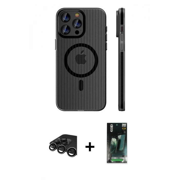 MARSİLYAN™- iPhone 15 Pro Max Kılıf Pusula Minimal Koleksiyonu - Şeffaf 360 Full Body Arka Koruyucu + Raze Metal Kamera Lens - TMGI