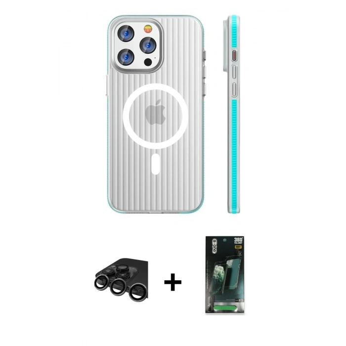 MARSİLYAN™- iPhone 15 Pro Max Kılıf Pusula Minimal Koleksiyonu - Şeffaf 360 Full Body Arka Koruyucu + Raze Metal Kamera Lens - TMGI