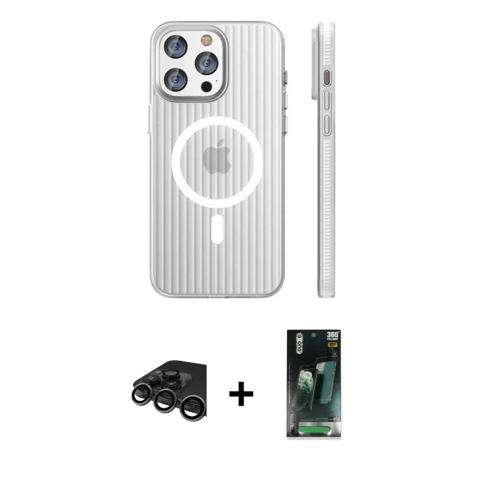 MARSİLYAN™- iPhone 15 Pro Max Kılıf Pusula Minimal Koleksiyonu - Şeffaf 360 Full Body Arka Koruyucu + Raze Metal Kamera Lens - TMGI
