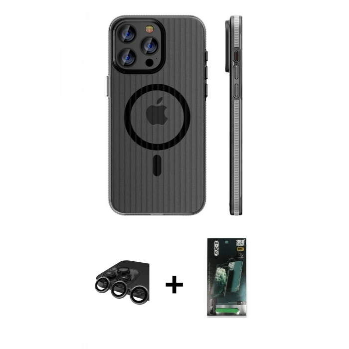 MARSİLYAN™- iPhone 15 Pro Max Kılıf Pusula Minimal Koleksiyonu - Şeffaf 360 Full Body Arka Koruyucu + Raze Metal Kamera Lens - TMGI
