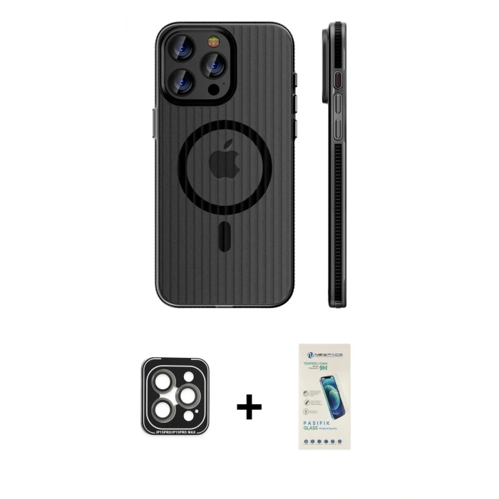 MARSİLYAN™- iPhone 15 Pro Max Kılıf Pusula Minimal Koleksiyonu - Şeffaf Pasifik Cam Ekran Koruyucu + PVD Metal Kamera Lens - GI