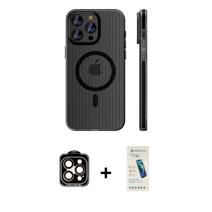 MARSİLYAN™- iPhone 15 Pro Max Kılıf Pusula Minimal Koleksiyonu - Şeffaf Pasifik Cam Ekran Koruyucu + PVD Metal Kamera Lens - TU