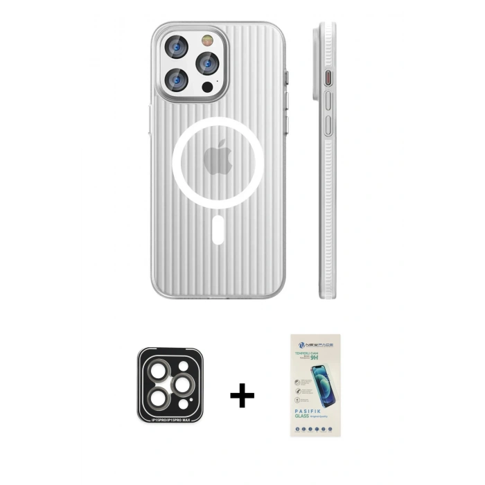 MARSİLYAN™- iPhone 15 Pro Max Kılıf Pusula Minimal Koleksiyonu - Şeffaf Pasifik Cam Ekran Koruyucu + PVD Metal Kamera Lens - GI