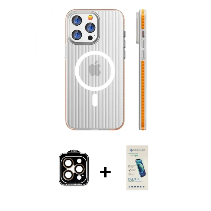 MARSİLYAN™- iPhone 15 Pro Max Kılıf Pusula Minimal Koleksiyonu - Şeffaf Pasifik Cam Ekran Koruyucu + PVD Metal Kamera Lens - TU