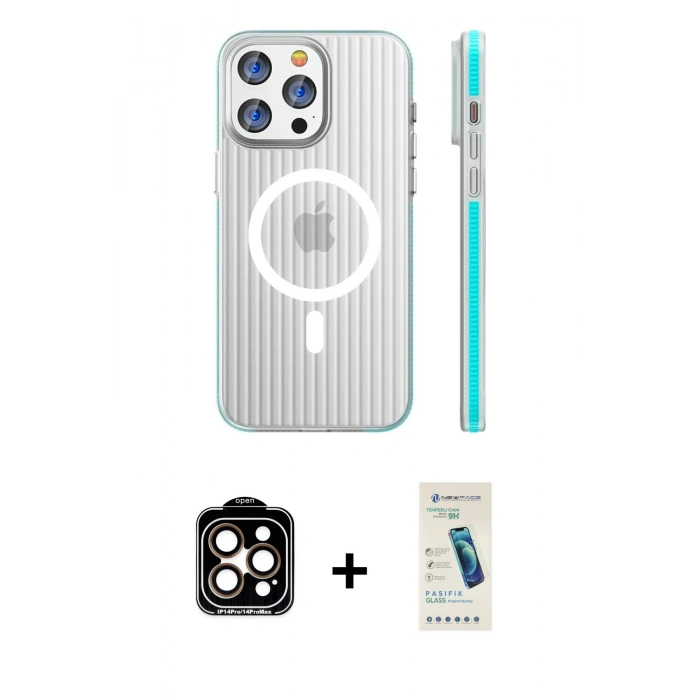MARSİLYAN™- iPhone 15 Pro Max Kılıf Pusula Minimal Koleksiyonu - Şeffaf Pasifik Cam Ekran Koruyucu + PVD Metal Kamera Lens - TU