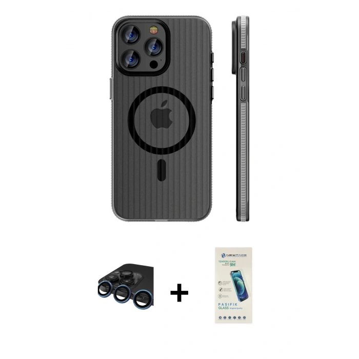 MARSİLYAN™- iPhone 15 Pro Max Kılıf Pusula Minimal Koleksiyonu - Şeffaf Pasifik Cam Ekran Koruyucu + Raze Metal Kamera Lens - LT