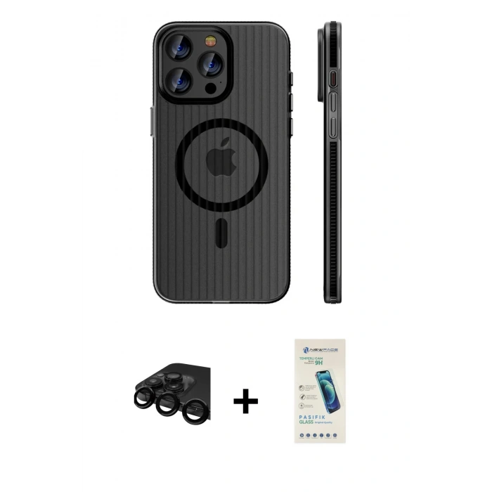 MARSİLYAN™- iPhone 15 Pro Max Kılıf Pusula Minimal Koleksiyonu - Şeffaf Pasifik Cam Ekran Koruyucu + Raze Metal Kamera Lens - SH