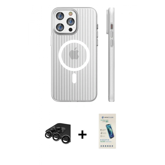 MARSİLYAN™- iPhone 15 Pro Max Kılıf Pusula Minimal Koleksiyonu - Şeffaf Pasifik Cam Ekran Koruyucu + Raze Metal Kamera Lens - TMGI
