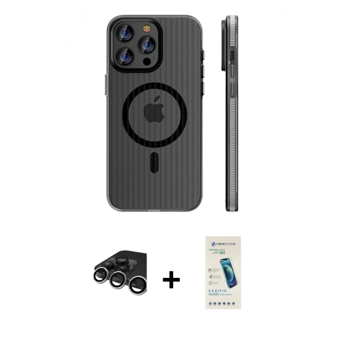 MARSİLYAN™- iPhone 15 Pro Max Kılıf Pusula Minimal Koleksiyonu - Şeffaf Pasifik Cam Ekran Koruyucu + Raze Metal Kamera Lens - GS