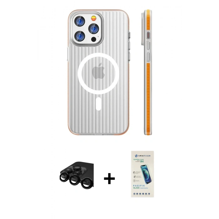 MARSİLYAN™- iPhone 15 Pro Max Kılıf Pusula Minimal Koleksiyonu - Şeffaf Pasifik Cam Ekran Koruyucu + Raze Metal Kamera Lens - SH