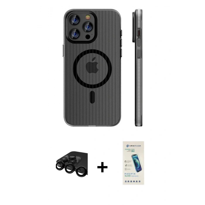 MARSİLYAN™- iPhone 15 Pro Max Kılıf Pusula Minimal Koleksiyonu - Şeffaf Pasifik Cam Ekran Koruyucu + Raze Metal Kamera Lens - SH