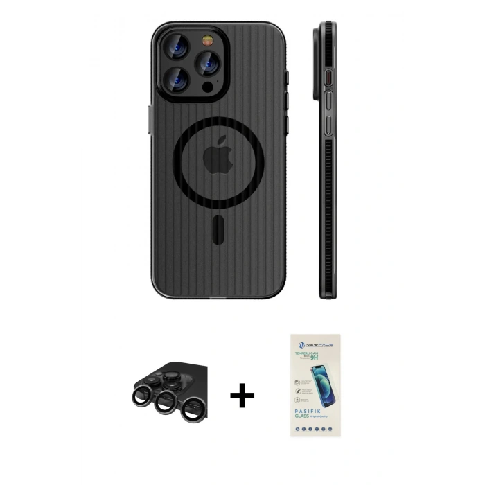 MARSİLYAN™- iPhone 15 Pro Max Kılıf Pusula Minimal Koleksiyonu - Şeffaf Pasifik Cam Ekran Koruyucu + Raze Metal Kamera Lens - TMGI