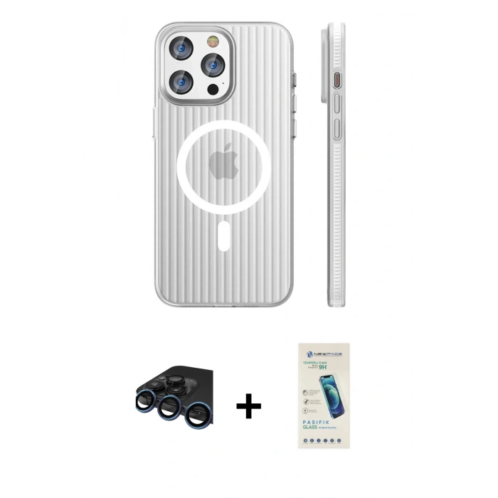 MARSİLYAN™- iPhone 15 Pro Max Kılıf Pusula Minimal Koleksiyonu - Şeffaf Pasifik Cam Ekran Koruyucu + Raze Metal Kamera Lens - LT