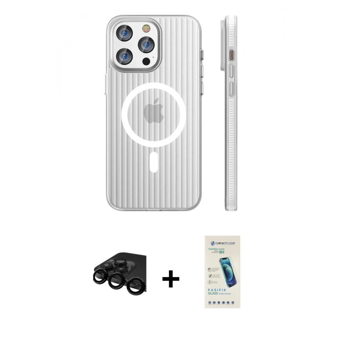 MARSİLYAN™- iPhone 15 Pro Max Kılıf Pusula Minimal Koleksiyonu - Şeffaf Pasifik Cam Ekran Koruyucu + Raze Metal Kamera Lens - SH