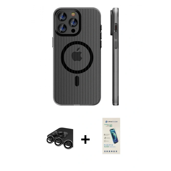 MARSİLYAN™- iPhone 15 Pro Max Kılıf Pusula Minimal Koleksiyonu - Şeffaf Pasifik Cam Ekran Koruyucu + Raze Metal Kamera Lens - TMGI
