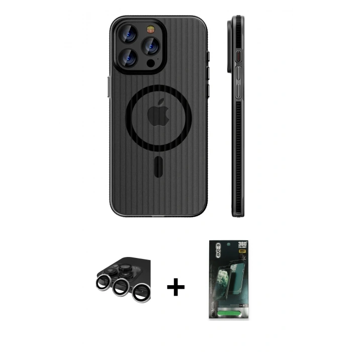 MARSİLYAN™- iPhone 15 Pro Max Kılıf Pusula Minimal Koleksiyonu - Siyah 360 Mat Full Body Arka Koruyucu + Raze Metal Kamera Lens - GS