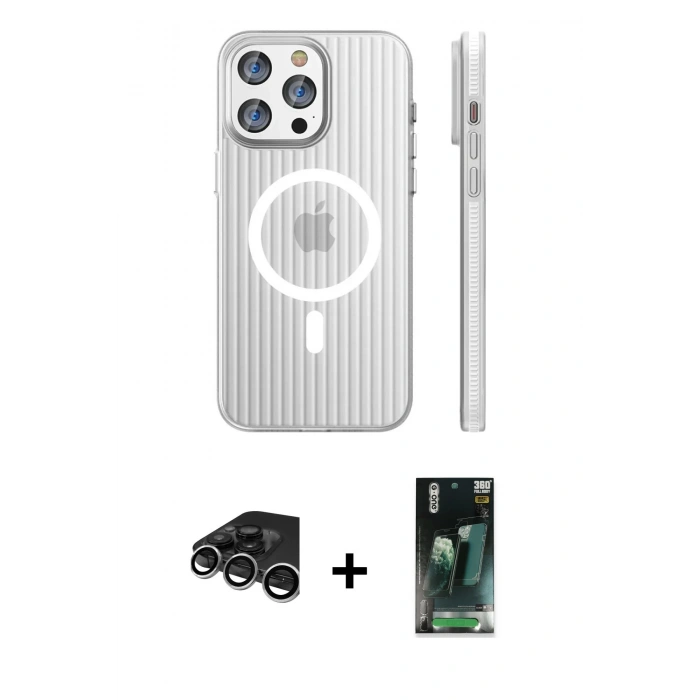 MARSİLYAN™- iPhone 15 Pro Max Kılıf Pusula Minimal Koleksiyonu - Siyah 360 Mat Full Body Arka Koruyucu + Raze Metal Kamera Lens - GS