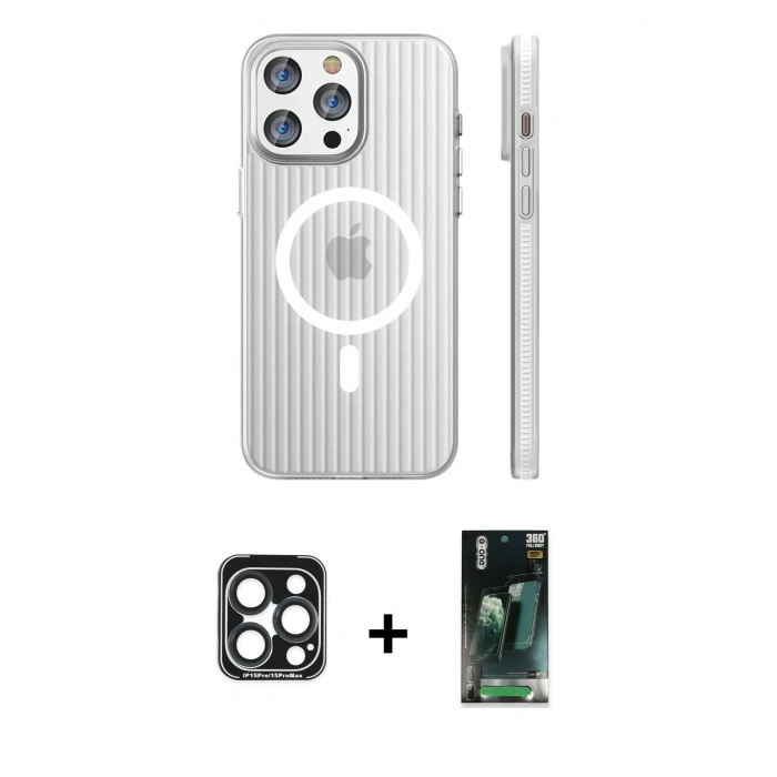 MARSİLYAN™- iPhone 15 Pro Max Kılıf Pusula Minimal Koleksiyonu - Siyah 360 Mat Full Body Arka Koruyucu + PVD Metal Kamera Lens - LT