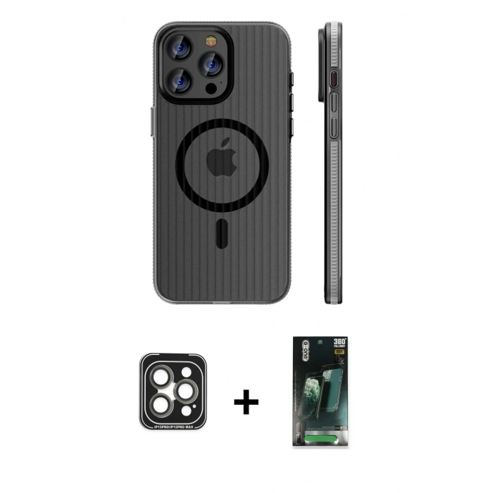 MARSİLYAN™- iPhone 15 Pro Max Kılıf Pusula Minimal Koleksiyonu - Siyah 360 Mat Full Body Arka Koruyucu + PVD Metal Kamera Lens - GI