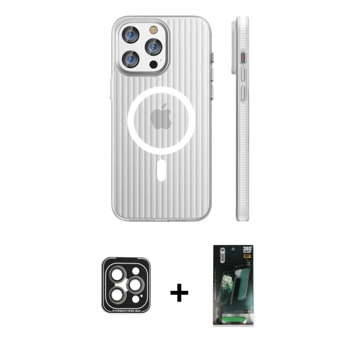 MARSİLYAN™- iPhone 15 Pro Max Kılıf Pusula Minimal Koleksiyonu - Siyah 360 Mat Full Body Arka Koruyucu + PVD Metal Kamera Lens - GI