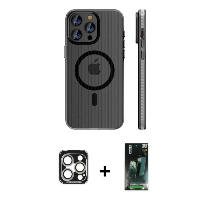 MARSİLYAN™- iPhone 15 Pro Max Kılıf Pusula Minimal Koleksiyonu - Siyah 360 Mat Full Body Arka Koruyucu + PVD Metal Kamera Lens - GS