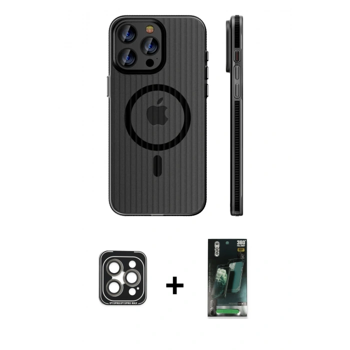 MARSİLYAN™- iPhone 15 Pro Max Kılıf Pusula Minimal Koleksiyonu - Siyah 360 Mat Full Body Arka Koruyucu + PVD Metal Kamera Lens - GI
