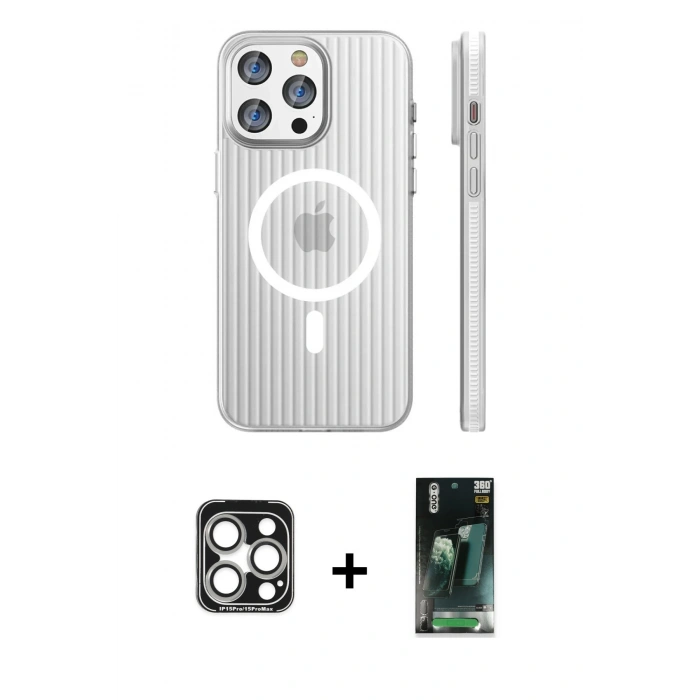 MARSİLYAN™- iPhone 15 Pro Max Kılıf Pusula Minimal Koleksiyonu - Siyah 360 Mat Full Body Arka Koruyucu + PVD Metal Kamera Lens - GS