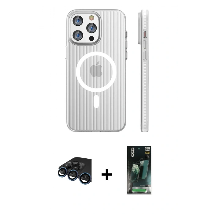 MARSİLYAN™- iPhone 15 Pro Max Kılıf Pusula Minimal Koleksiyonu - Siyah 360 Mat Full Body Arka Koruyucu + Raze Metal Kamera Lens - LT