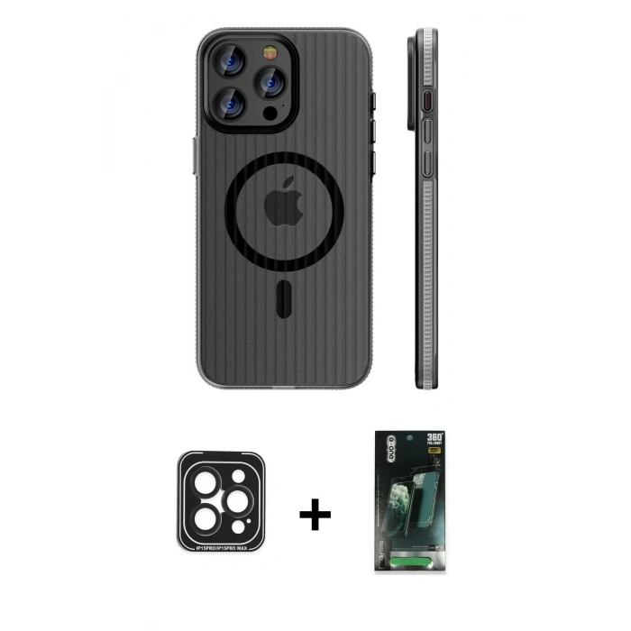 MARSİLYAN™- iPhone 15 Pro Max Kılıf Pusula Minimal Koleksiyonu - Siyah 360 Mat Full Body Arka Koruyucu + PVD Metal Kamera Lens - SH