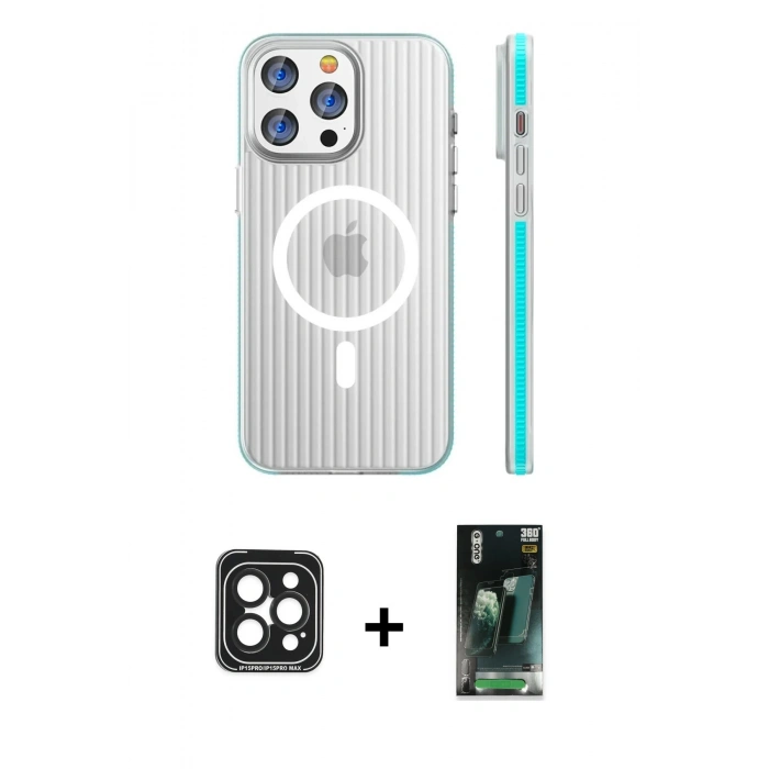 MARSİLYAN™- iPhone 15 Pro Max Kılıf Pusula Minimal Koleksiyonu - Siyah 360 Mat Full Body Arka Koruyucu + PVD Metal Kamera Lens - SH