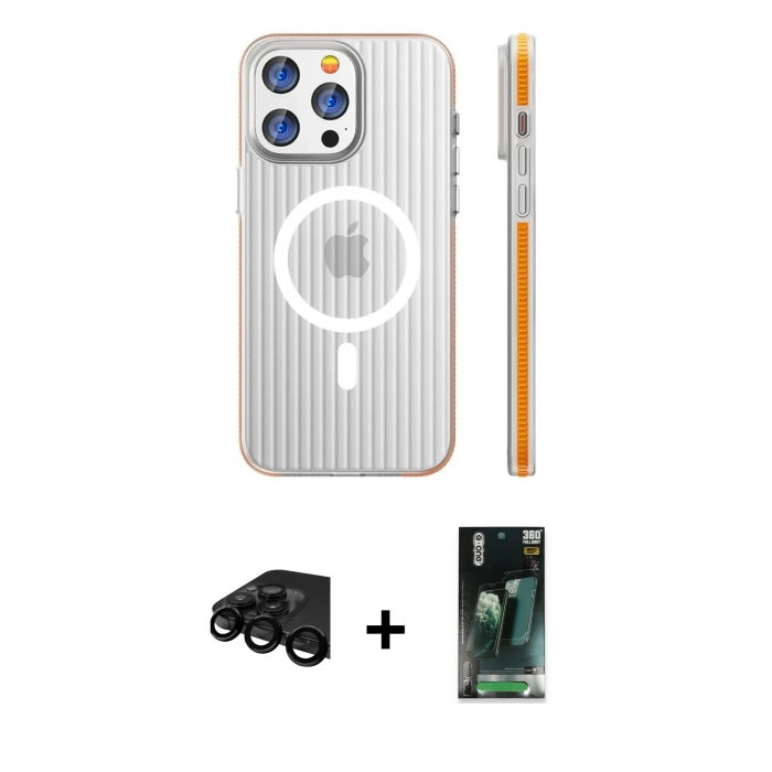 MARSİLYAN™- iPhone 15 Pro Max Kılıf Pusula Minimal Koleksiyonu - Siyah 360 Mat Full Body Arka Koruyucu + Raze Metal Kamera Lens - SH