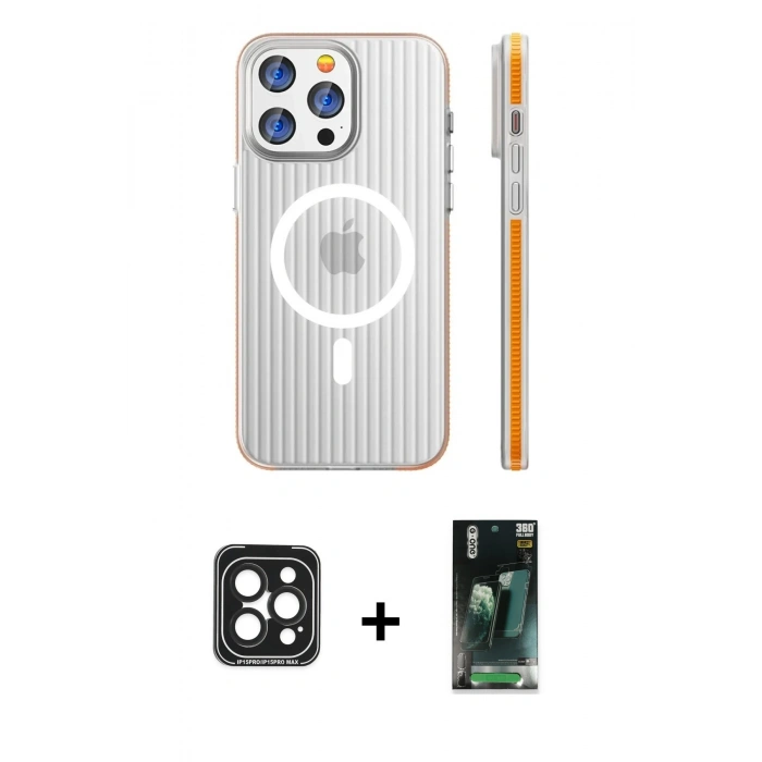 MARSİLYAN™- iPhone 15 Pro Max Kılıf Pusula Minimal Koleksiyonu - Siyah 360 Mat Full Body Arka Koruyucu + PVD Metal Kamera Lens - SH