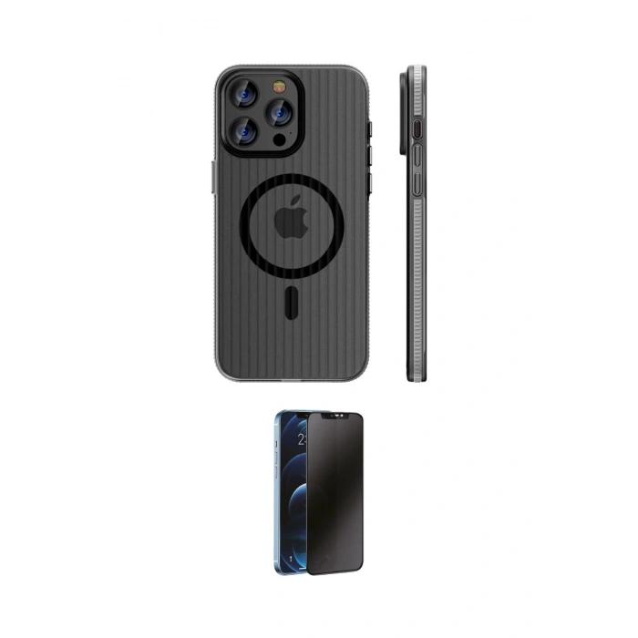 MARSİLYAN™- iPhone 15 Pro Max Kılıf Pusula Minimal Koleksiyonu - Siyah 3D Antistatik Hayalet Cam Ekran Koruyucu