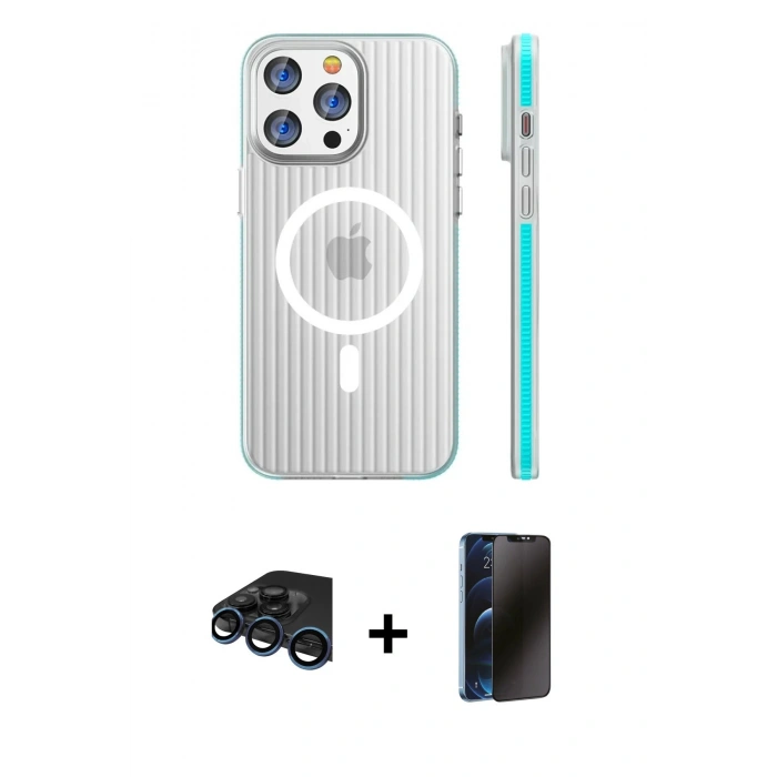 MARSİLYAN™- iPhone 15 Pro Max Kılıf Pusula Minimal Koleksiyonu - Siyah 3D Antistatik Hayalet Cam Ekran Koruyucu + Raze Metal Kamera Lens - LT