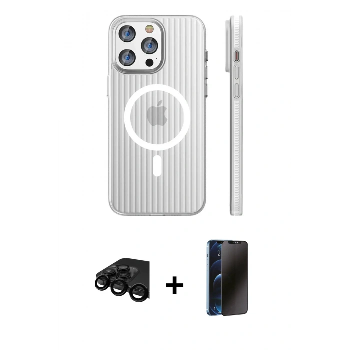 MARSİLYAN™- iPhone 15 Pro Max Kılıf Pusula Minimal Koleksiyonu - Siyah 3D Antistatik Hayalet Cam Ekran Koruyucu + Raze Metal Kamera Lens - SH