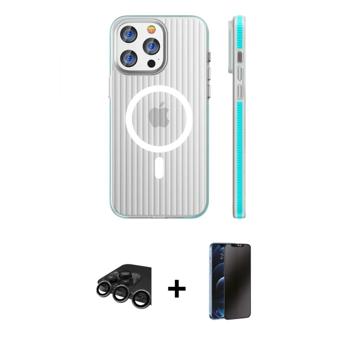 MARSİLYAN™- iPhone 15 Pro Max Kılıf Pusula Minimal Koleksiyonu - Siyah 3D Antistatik Hayalet Cam Ekran Koruyucu + Raze Metal Kamera Lens - TMGI