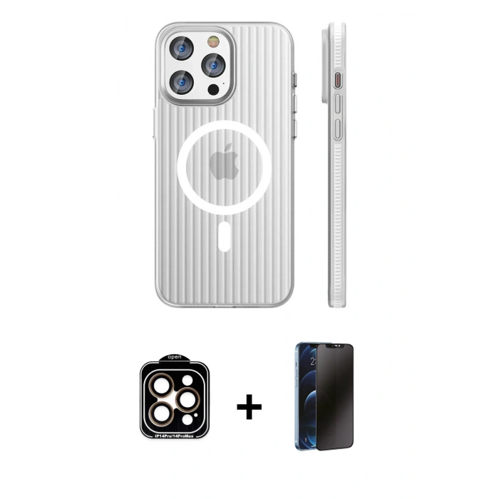 MARSİLYAN™- iPhone 15 Pro Max Kılıf Pusula Minimal Koleksiyonu - Siyah 3D Antistatik Hayalet Cam Ekran Koruyucu + PVD Metal Kamera Lens - TU