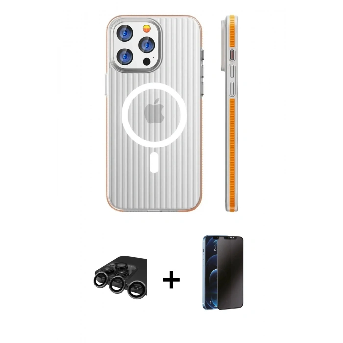 MARSİLYAN™- iPhone 15 Pro Max Kılıf Pusula Minimal Koleksiyonu - Siyah 3D Antistatik Hayalet Cam Ekran Koruyucu + Raze Metal Kamera Lens - TMGI