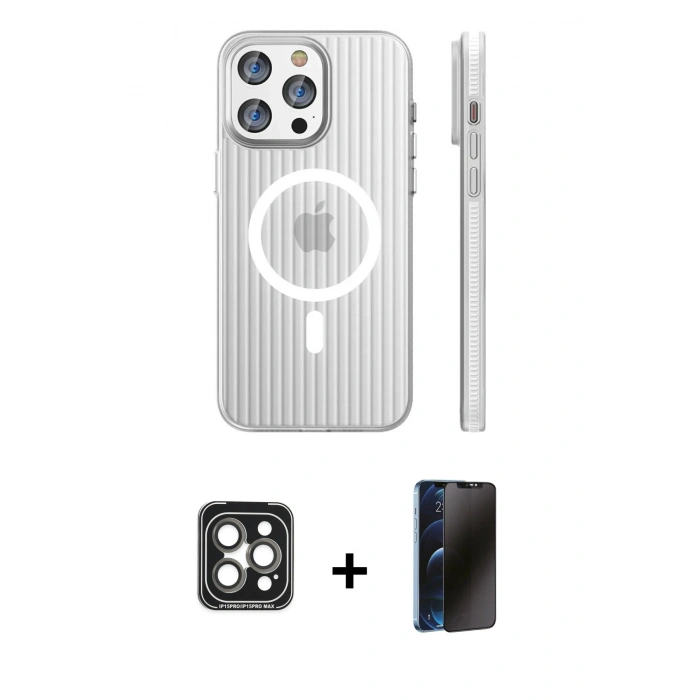 MARSİLYAN™- iPhone 15 Pro Max Kılıf Pusula Minimal Koleksiyonu - Siyah 3D Antistatik Hayalet Cam Ekran Koruyucu + PVD Metal Kamera Lens - GI