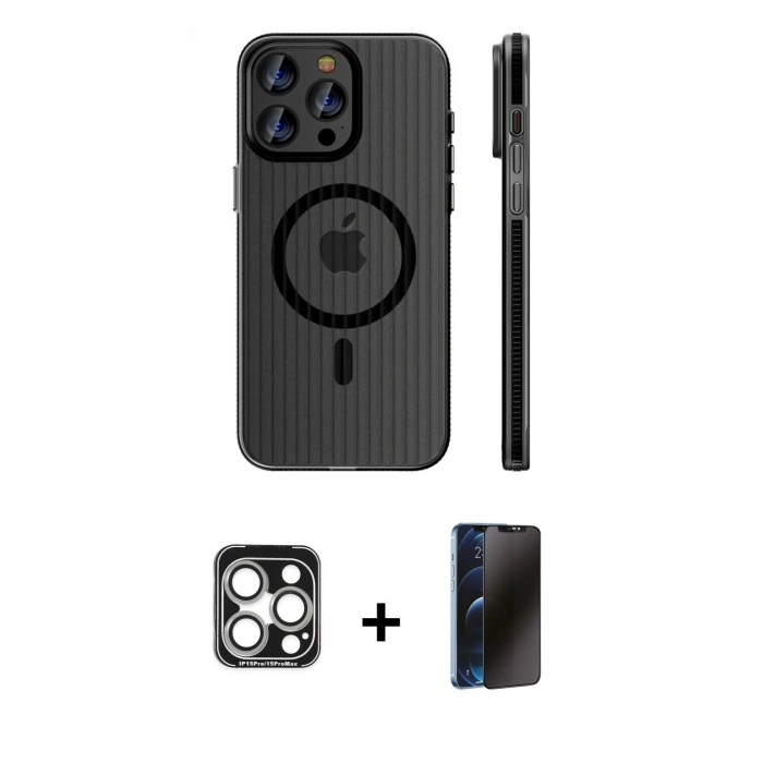 MARSİLYAN™- iPhone 15 Pro Max Kılıf Pusula Minimal Koleksiyonu - Siyah 3D Antistatik Hayalet Cam Ekran Koruyucu + PVD Metal Kamera Lens - GS