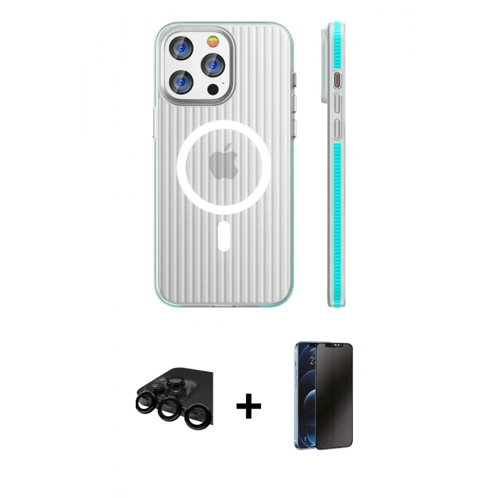 MARSİLYAN™- iPhone 15 Pro Max Kılıf Pusula Minimal Koleksiyonu - Siyah 3D Antistatik Hayalet Cam Ekran Koruyucu + Raze Metal Kamera Lens - SH