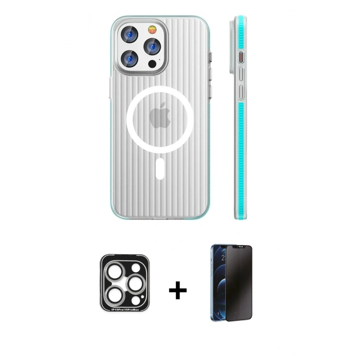 MARSİLYAN™- iPhone 15 Pro Max Kılıf Pusula Minimal Koleksiyonu - Siyah 3D Antistatik Hayalet Cam Ekran Koruyucu + PVD Metal Kamera Lens - GS