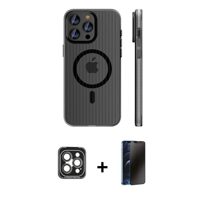 MARSİLYAN™- iPhone 15 Pro Max Kılıf Pusula Minimal Koleksiyonu - Siyah 3D Antistatik Hayalet Cam Ekran Koruyucu + PVD Metal Kamera Lens - GI