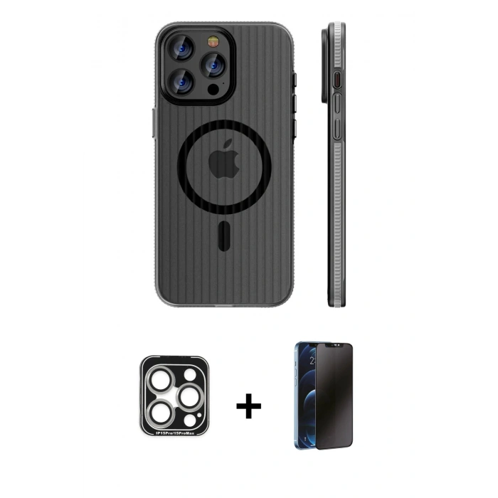 MARSİLYAN™- iPhone 15 Pro Max Kılıf Pusula Minimal Koleksiyonu - Siyah 3D Antistatik Hayalet Cam Ekran Koruyucu + PVD Metal Kamera Lens - GS