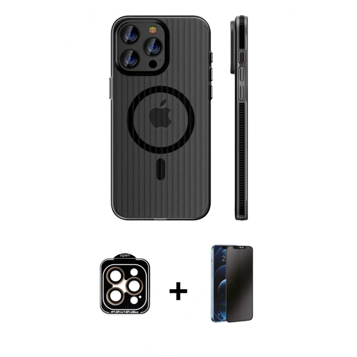 MARSİLYAN™- iPhone 15 Pro Max Kılıf Pusula Minimal Koleksiyonu - Siyah 3D Antistatik Hayalet Cam Ekran Koruyucu + PVD Metal Kamera Lens - TU